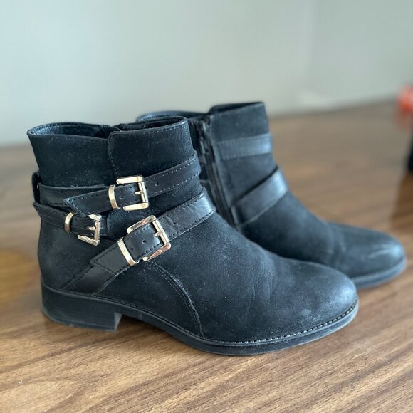 Dune London Black Suede Boots with Gold Buckles - Size 9.5 - Picture 1 of 5